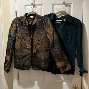 Christopher & Banks Black Green Teal Gold Jacket SZ Large Blouse SZ Medium